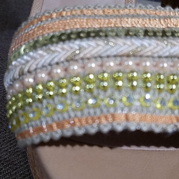 TAN NEUTRAL BEADED SANDAL CORK WEDGES ANKLE STRAPS - Picture 2 of 10